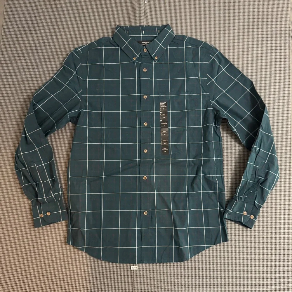 Banana Republic Slim Fit Untucked Green Windowpane Cotton Shirt Mens M NWT